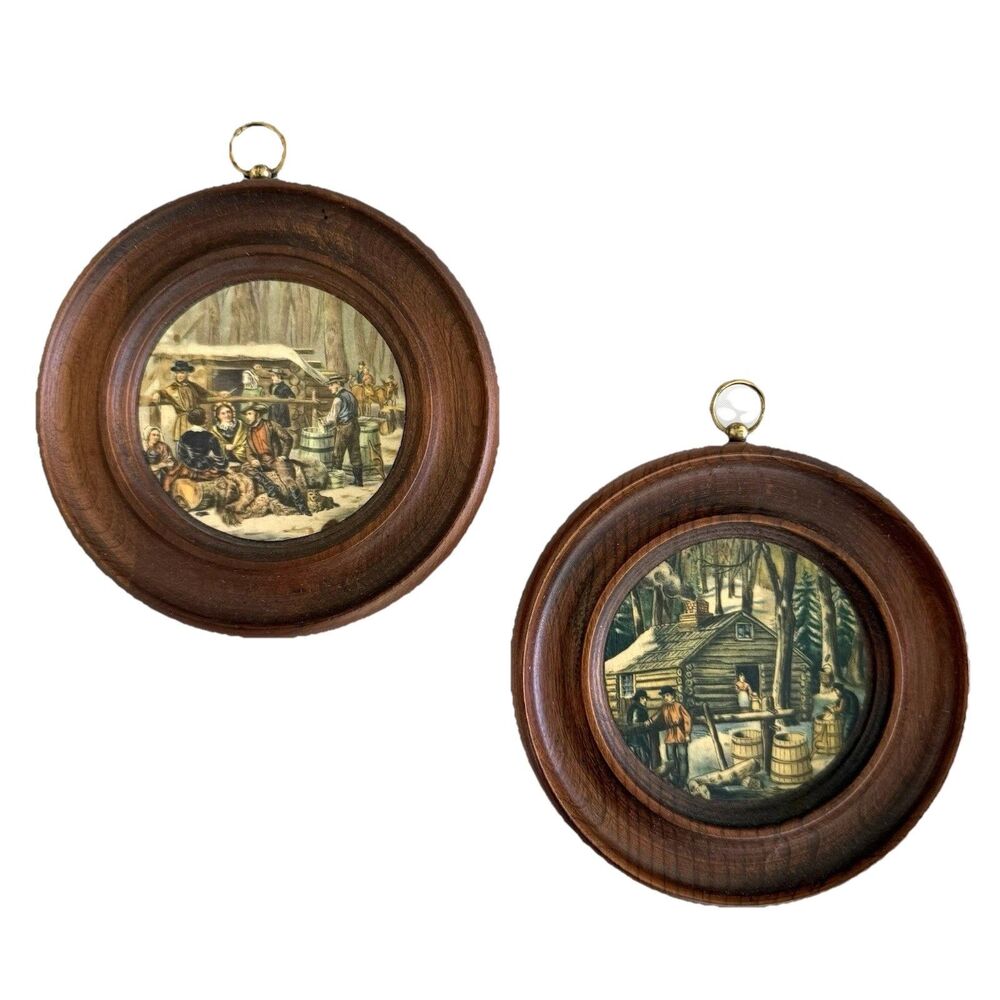 Vintage Set of 2 Currier & Ives Maple Sugaring Wooden Frames 4.5” Diameter